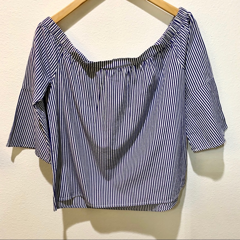 BLUE RAIN PIN BLUE & WHITE PIN STRIPED EMBROIDERED FLORAL BLOUSE - Picture 5 of 6